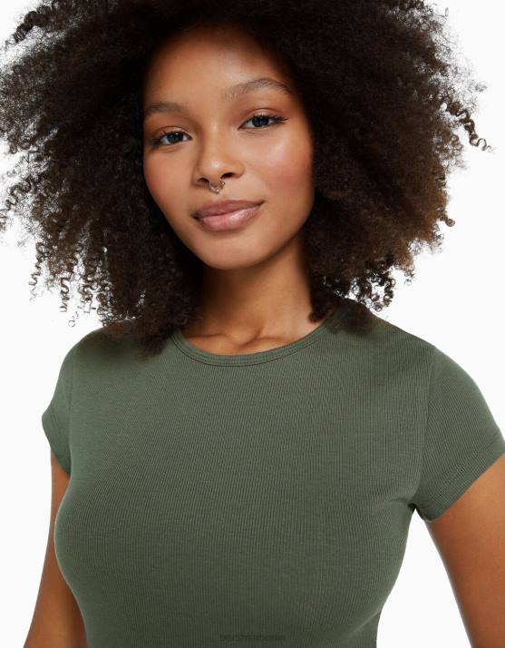 exklusiv Bershka Frauen Geripptes Kurzarm-T-Shirt H00J345