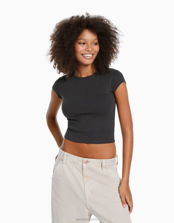 exklusiv Bershka Frauen Geripptes Kurzarm-T-Shirt H00J353