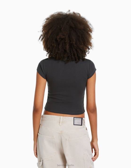 exklusiv Bershka Frauen Geripptes Kurzarm-T-Shirt H00J353