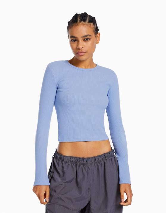 exklusiv Bershka Frauen Geripptes Langarm-T-Shirt H00J575