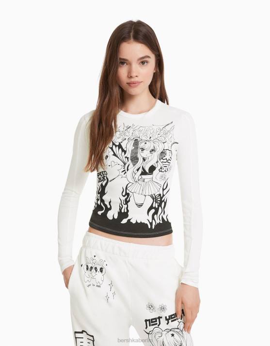 exklusiv Bershka Frauen Langarm-T-Shirt mit Anime-Print H00J644