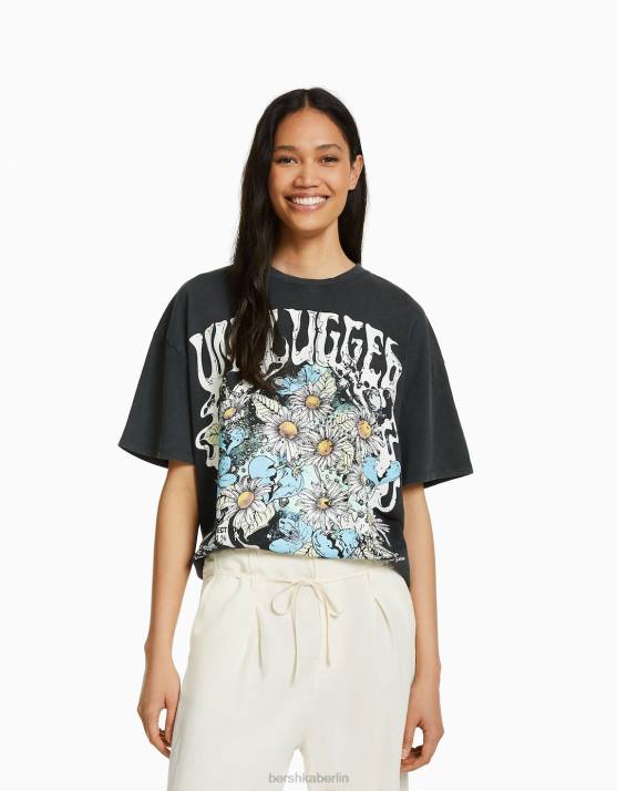 grau Bershka Frauen Bedrucktes, kurzärmliges Oversize-T-Shirt H00J430