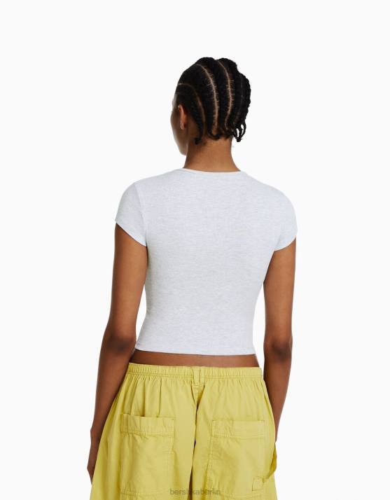 grau Bershka Frauen Geripptes Kurzarm-T-Shirt H00J343