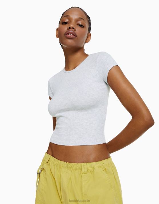 grau Bershka Frauen Geripptes Kurzarm-T-Shirt H00J343