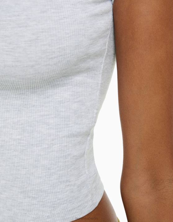 grau Bershka Frauen Geripptes Kurzarm-T-Shirt H00J343