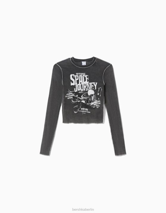 grau Bershka Frauen Geripptes Langarm-T-Shirt H00J640
