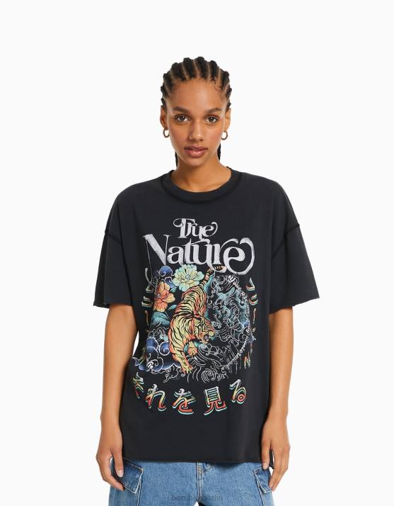 grau Bershka Frauen Kurzarm-T-Shirt mit Aufdruck H00J361