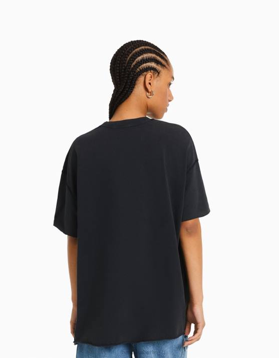 grau Bershka Frauen Kurzarm-T-Shirt mit Aufdruck H00J361