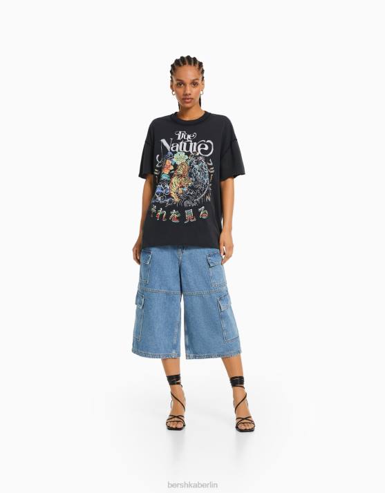 grau Bershka Frauen Kurzarm-T-Shirt mit Aufdruck H00J361