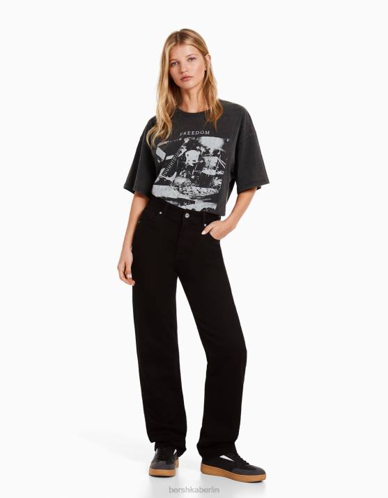grau Bershka Frauen Kurzarm-T-Shirt mit Aufdruck H00J550