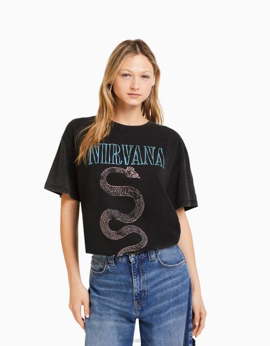 grau Bershka Frauen Kurzarm-T-Shirt mit Nirvana-Print H00J557