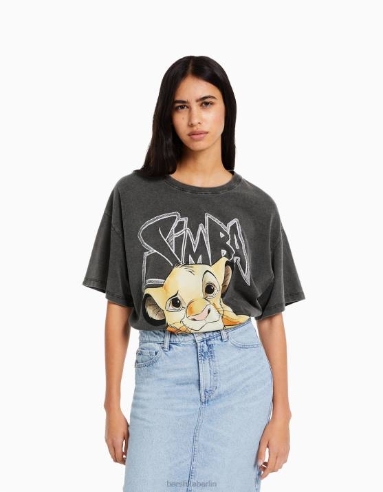 grau Bershka Frauen Kurzarm-T-Shirt mit Simba-Print H00J600