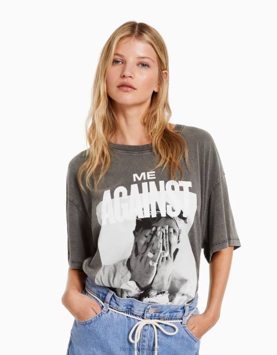 grau Bershka Frauen Kurzarm-T-Shirt mit Tupac-Print H00J2068