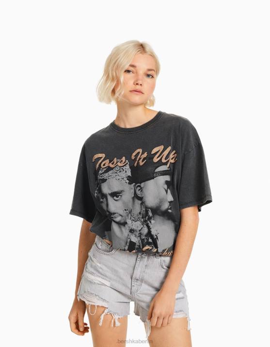 grau Bershka Frauen Kurzarm-T-Shirt mit Tupac-Print H00J338