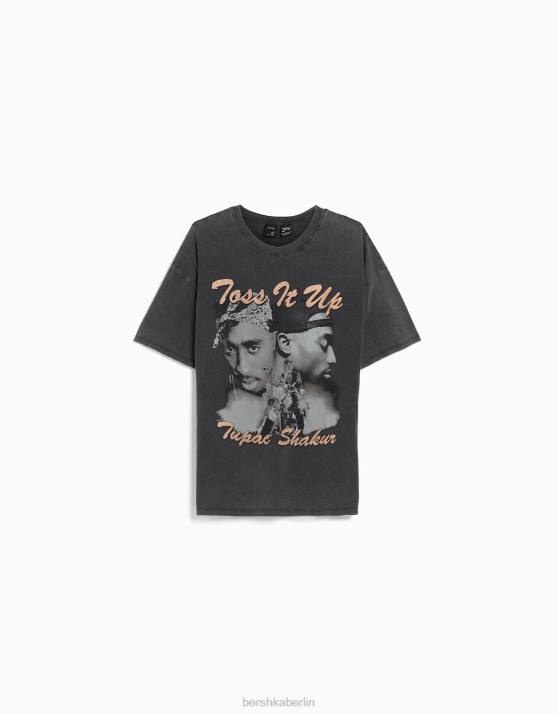 grau Bershka Frauen Kurzarm-T-Shirt mit Tupac-Print H00J338