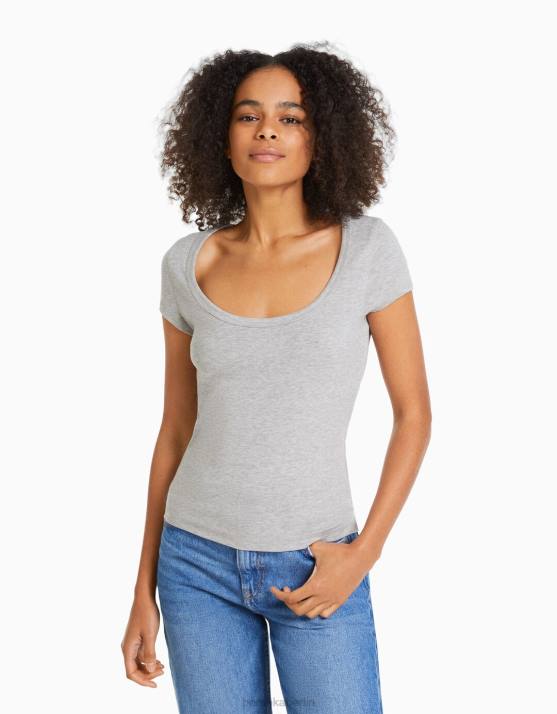 grau Bershka Frauen Kurzarm-T-Shirt mit U-Ausschnitt H00J567