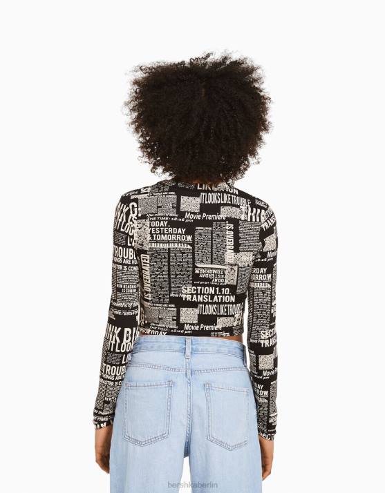 grau Bershka Frauen Langarm-T-Shirt mit Aufdruck H00J615