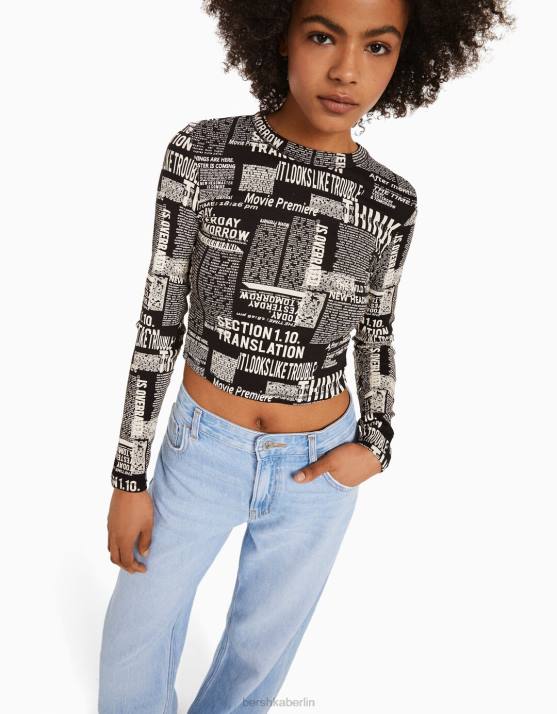 grau Bershka Frauen Langarm-T-Shirt mit Aufdruck H00J615
