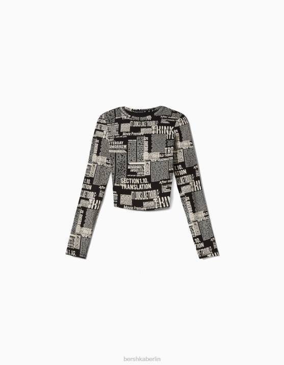 grau Bershka Frauen Langarm-T-Shirt mit Aufdruck H00J615