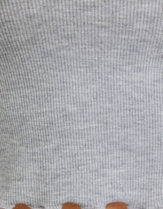 grau Bershka Frauen Langarm-T-Shirt mit Rundhalsausschnitt H00J577
