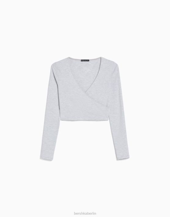 grau Bershka Frauen Langarm-T-Shirt mit gekreuzten Ärmeln H00J570