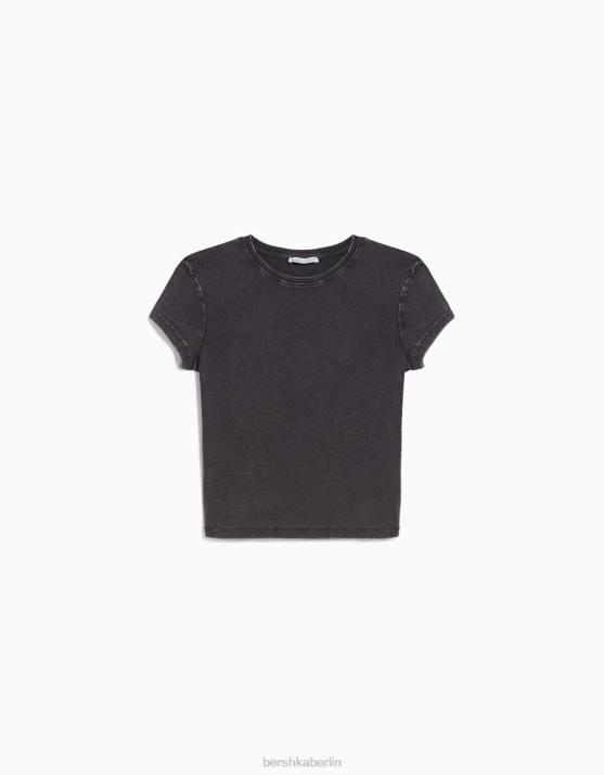 grau Bershka Frauen Tailliertes Kurzarm-T-Shirt H00J478