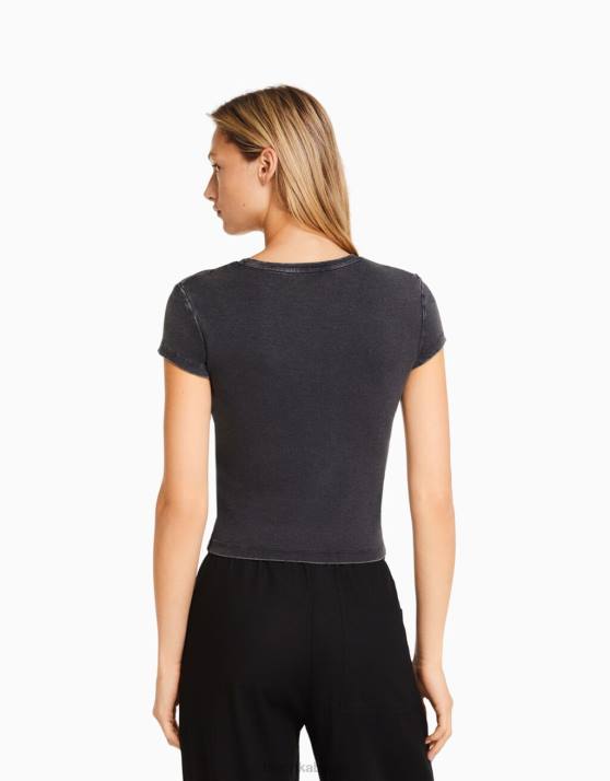 grau Bershka Frauen Tailliertes Kurzarm-T-Shirt H00J481