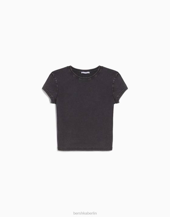 grau Bershka Frauen Tailliertes Kurzarm-T-Shirt H00J481
