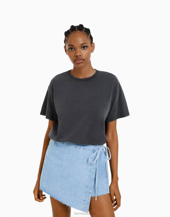 grau Bershka Frauen übergroßes Kurzarm-T-Shirt H00J323