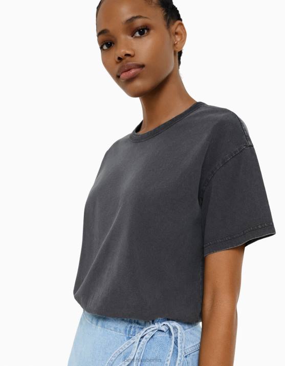 grau Bershka Frauen übergroßes Kurzarm-T-Shirt H00J323