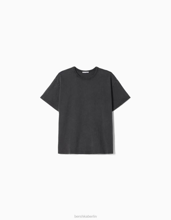 grau Bershka Frauen übergroßes Kurzarm-T-Shirt H00J323