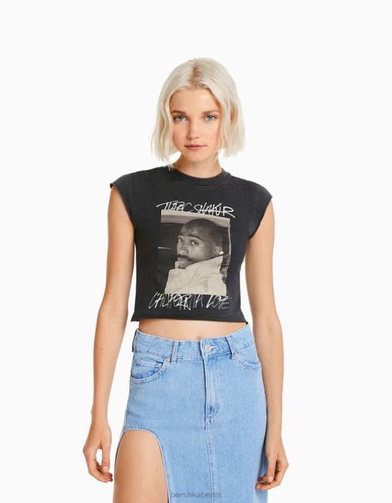 grau Bershka Frauen Ärmelloses, kurz geschnittenes T-Shirt mit Tupac-Aufdruck H00J289