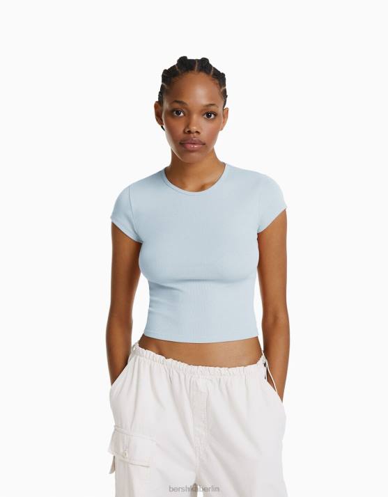 hellblau Bershka Frauen Geripptes Kurzarm-T-Shirt H00J348
