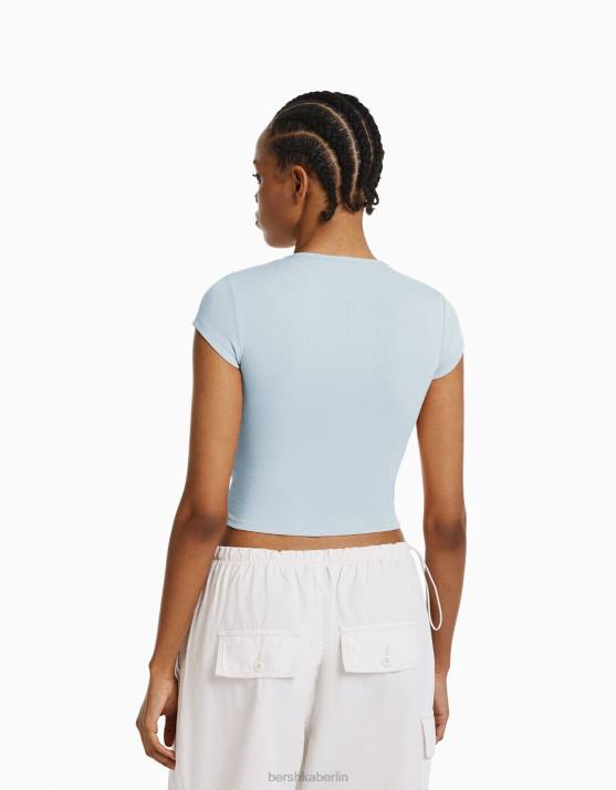 hellblau Bershka Frauen Geripptes Kurzarm-T-Shirt H00J348