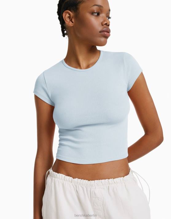 hellblau Bershka Frauen Geripptes Kurzarm-T-Shirt H00J348