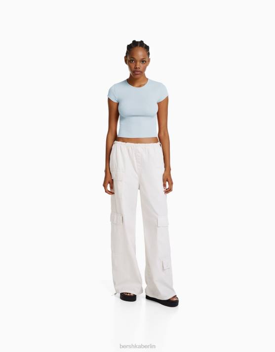 hellblau Bershka Frauen Geripptes Kurzarm-T-Shirt H00J348