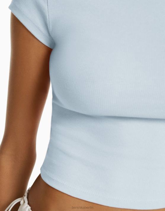 hellblau Bershka Frauen Geripptes Kurzarm-T-Shirt H00J348