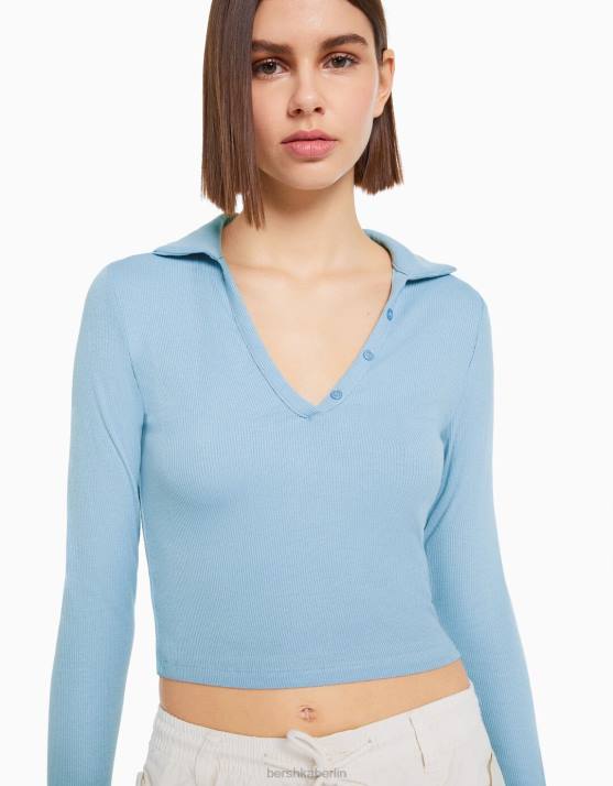 hellblau Bershka Frauen Langarm-T-Shirt mit geknöpftem Polokragen H00J444