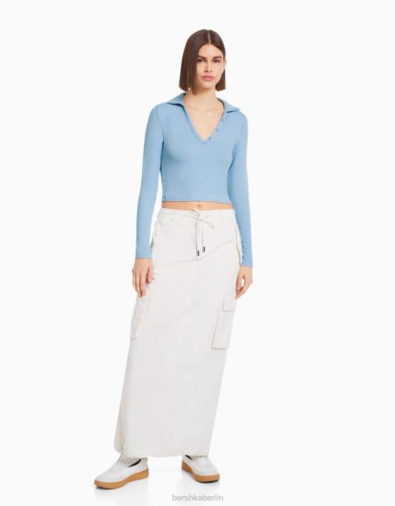 hellblau Bershka Frauen Langarm-T-Shirt mit geknöpftem Polokragen H00J444