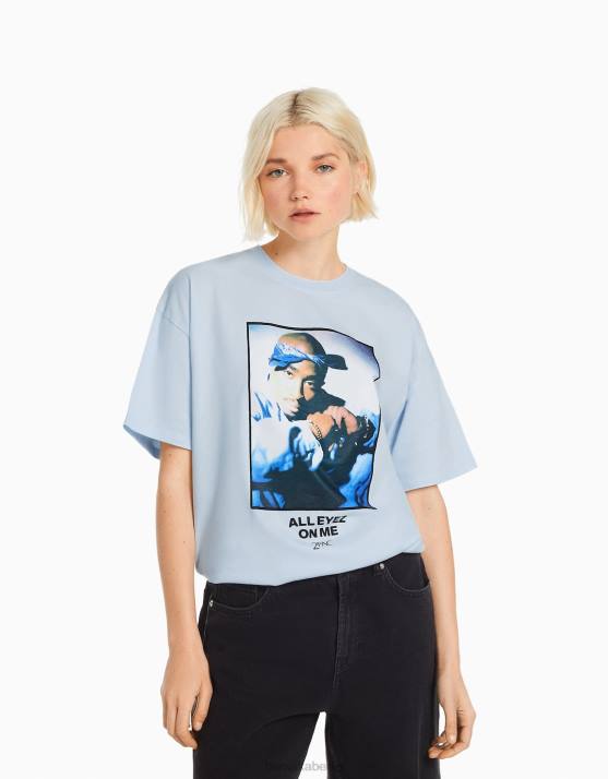 hellblau Bershka Frauen Tupac-T-Shirt mit kurzen Ärmeln H00J340