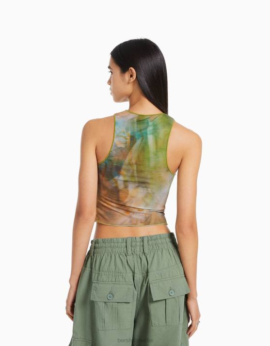 khaki Bershka Frauen Bedrucktes ärmelloses T-Shirt aus Tüll H00J303