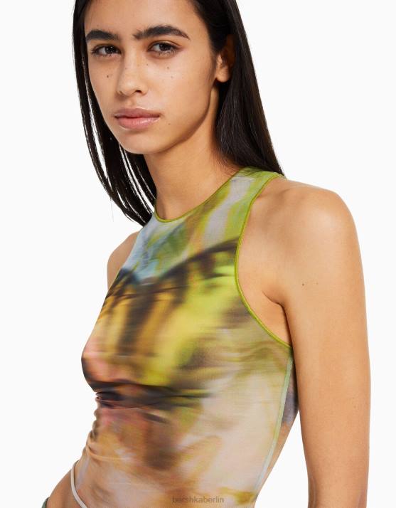 khaki Bershka Frauen Bedrucktes ärmelloses T-Shirt aus Tüll H00J303