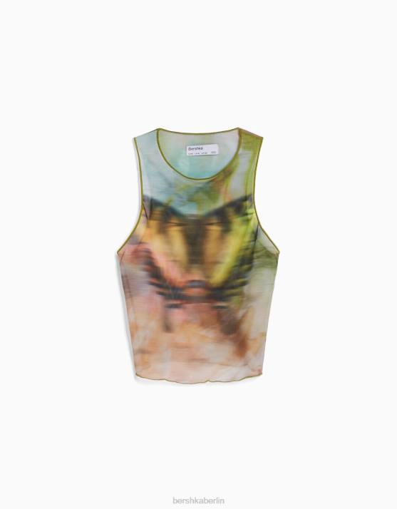 khaki Bershka Frauen Bedrucktes ärmelloses T-Shirt aus Tüll H00J303