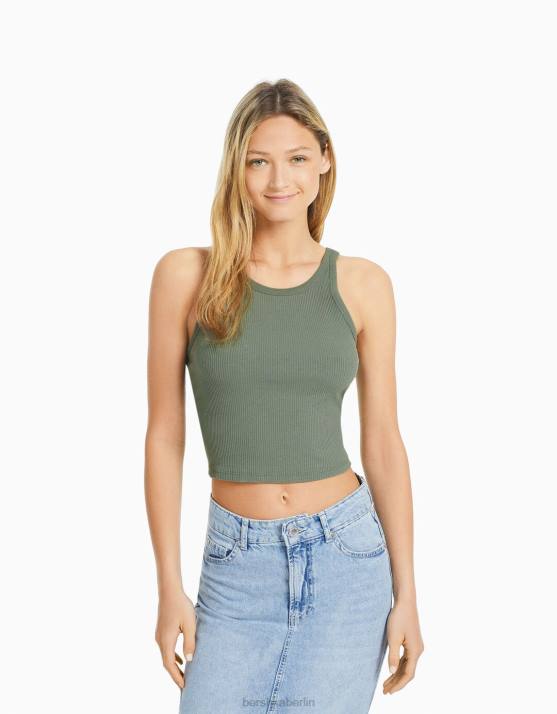 khaki Bershka Frauen Geripptes Tanktop H00J337