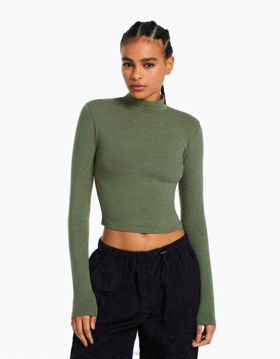 khaki Bershka Frauen Hochgeschlossenes, langärmliges T-Shirt H00J410