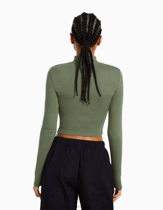 khaki Bershka Frauen Hochgeschlossenes, langärmliges T-Shirt H00J410