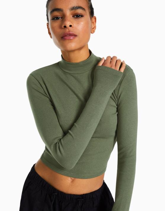 khaki Bershka Frauen Hochgeschlossenes, langärmliges T-Shirt H00J410