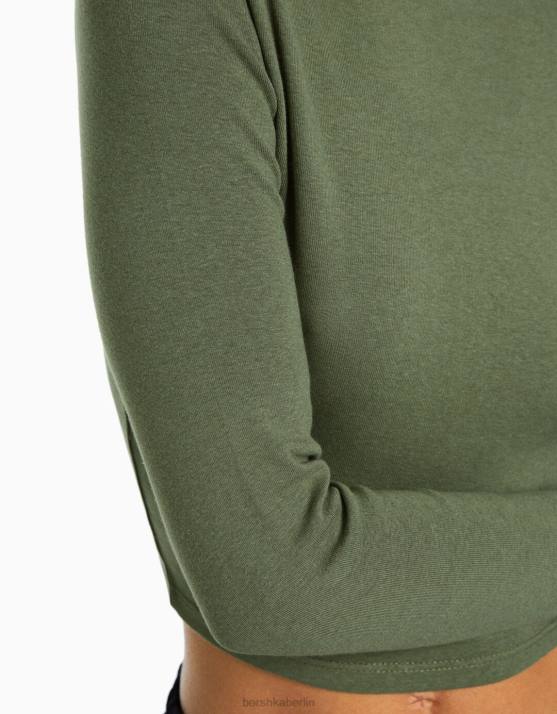 khaki Bershka Frauen Hochgeschlossenes, langärmliges T-Shirt H00J410