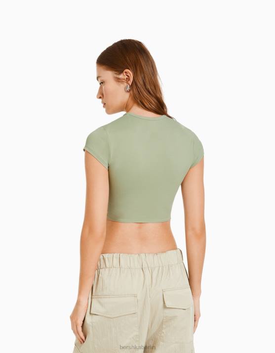 khaki Bershka Frauen Kurzarm-T-Shirt mit Details H00J508
