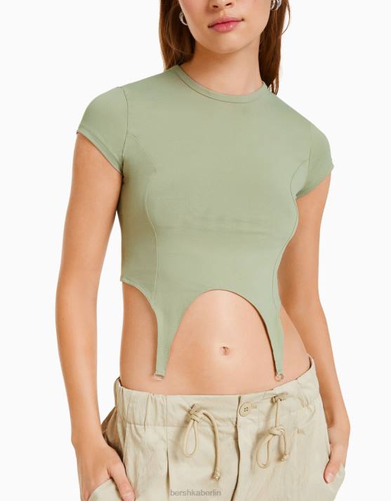 khaki Bershka Frauen Kurzarm-T-Shirt mit Details H00J508